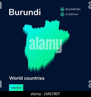 Carte vectorielle isométrique numérique à néon stylisé à rayures avec effet 3D. La carte du Burundi est en vert et en couleur menthe sur fond bleu foncé Illustration de Vecteur