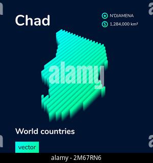 La carte isométrique à vecteur rayé stylisé 3D du Tchad est en vert néon et en couleur menthe sur le fond bleu foncé. Illustration de Vecteur