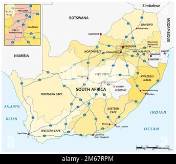 Carte vectorielle des routes nationales en Afrique du Sud avec étiquettes Banque D'Images
