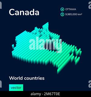 Carte isométrique stylisée à vecteur rayé du Canada. La carte du Canada est en vert néon et en couleur menthe sur fond bleu foncé Illustration de Vecteur