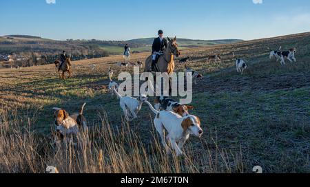 Lauder, Royaume-Uni. 21st décembre 2022. 2 janvier 2023. Lauder, frontières écossaises, Écosse. La chasse annuelle du nouvel an de Lauderdale, aujourd'hui, sur les champs et les landes entourant Lauder aux frontières écossaises, Sous la direction du maître de la chasse, Claire Bellamy Riders s'est réunie pour suivre les huards à travers la lande commune de Lauder ce matin dans des conditions ensoleillées et lumineuses avec un froid glacial dans l'air. Crédit photo : phil wilkinson/Alay Live News Banque D'Images