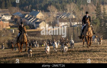 Lauder, Royaume-Uni. 21st décembre 2022. 2 janvier 2023. Lauder, frontières écossaises, Écosse. La chasse annuelle du nouvel an de Lauderdale, aujourd'hui, sur les champs et les landes entourant Lauder aux frontières écossaises, Sous la direction du maître de la chasse, Claire Bellamy Riders s'est réunie pour suivre les huards à travers la lande commune de Lauder ce matin dans des conditions ensoleillées et lumineuses avec un froid glacial dans l'air. Crédit photo : phil wilkinson/Alay Live News Banque D'Images