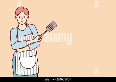 Femme souriante femme au foyer se tient avec les bras croisés devant la poitrine avec une spatule pour la cuisson. Femme de pâtisserie maison ou cuisinier posant dans un tablier rayé drapé sur des vêtements décontractés. Image vectorielle plate Illustration de Vecteur