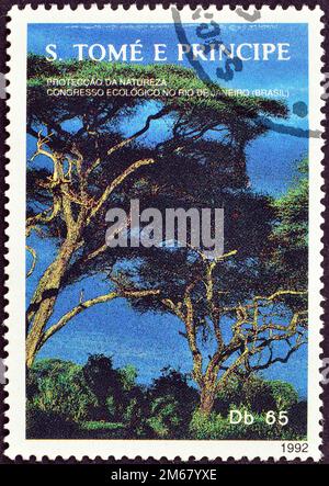 Timbre-poste annulé imprimé par Sao Tomé-et-principe, qui montre la forêt tropicale, Conférence des Nations Unies sur le développement environnemental Rio, vers 1992. Banque D'Images