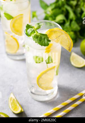 Mojito buvez avec des citrons frais. Cocktail rafraîchissant au citron vert, citron, menthe et glace dans un grand verre sur fond gris. Concept de boissons froides d'été. Banque D'Images