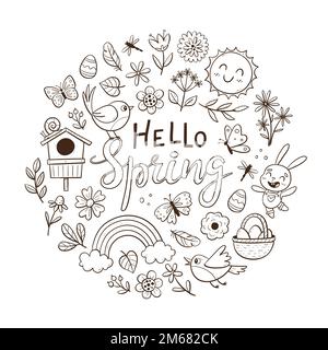 Arrière-plan de printemps dessiné à la main avec des fleurs, des papillons et des objets saisonniers. Illustration vectorielle Doodle avec éléments isolés.