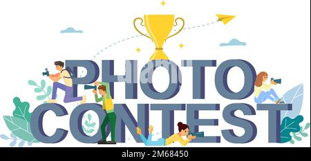 Concours de photo mots en lettres majuscules, coupe-prix, garçons et filles prenant des photos avec des appareils photo. Illustration de la conception à plat vectorielle. Compet de photographie Illustration de Vecteur