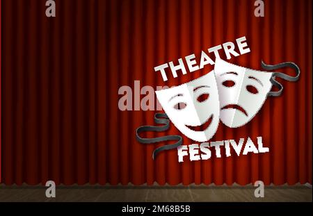 Scène de festival de théâtre avec modèle d'affiche vectorielle de rideau de velours rouge Illustration de Vecteur