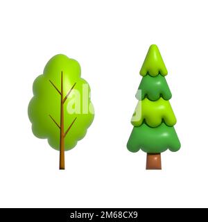 Ensemble d'arbres de dessin animé.collection d'éléments plantes. PIN ou arbre de Noël.3D illustration Banque D'Images