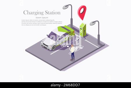 Modèle de bannière Web vectorielle de la technologie de station de charge EV Illustration de Vecteur