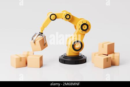 Boîtes de transport de bras mécaniques, chaîne de montage et fonctionnement mécanique, rendu 3D. Dessin numérique. Banque D'Images