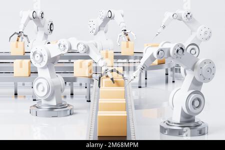 Boîtes de transport de bras mécaniques, chaîne de montage et fonctionnement mécanique, rendu 3D. Dessin numérique. Banque D'Images