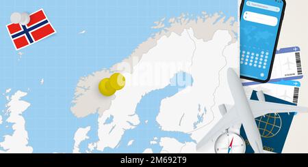 Voyage en Norvège concept, carte avec PIN sur la carte de la Norvège. Carte de préparation des vacances, drapeau, passeport et billets. Illustration vectorielle en conception plate. Illustration de Vecteur