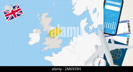 Voyage au Royaume-Uni concept, carte avec PIN sur la carte du Royaume-Uni. Carte de préparation des vacances, drapeau, passeport et billets. Illustration vectorielle dans Illustration de Vecteur