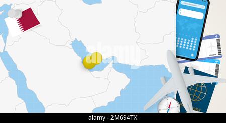 Voyage au Qatar concept, carte avec PIN sur la carte de Qatar. Carte de préparation des vacances, drapeau, passeport et billets. Illustration vectorielle en conception plate. Illustration de Vecteur
