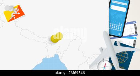 Voyage au Bhoutan concept, carte avec PIN sur la carte du Bhoutan. Carte de préparation des vacances, drapeau, passeport et billets. Illustration vectorielle en conception plate. Illustration de Vecteur