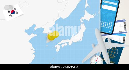 Voyage à la Corée du Sud concept, carte avec PIN sur la carte de la Corée du Sud. Carte de préparation des vacances, drapeau, passeport et billets. Illustration vectorielle en d plat Illustration de Vecteur