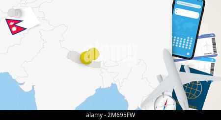 Voyage au Népal concept, carte avec PIN sur la carte du Népal. Carte de préparation des vacances, drapeau, passeport et billets. Illustration vectorielle en conception plate. Illustration de Vecteur