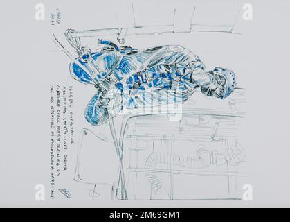 Croquis en direct réalisé avec l'équipe de grève de l'Atlantique de la Garde côtière (AST) lors de l'entraînement à l'entrée en espace confiné à bord de l'USS Nashville dans le triage de la marine de Philadelphie. Le compagnon d’un boatswain surveille les lignes de sécurité. COLLECTION US Coast Guard Art Program 2022, OB ID#202219, 'Safety Lines', Richard Johnson, crayon, 10 x 6 Banque D'Images