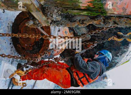 Un membre de l'équipage à bord du Cutter DE la Garde côtière, BRISTOL BAY, sécurise une bouée sur le pont d'une barge d'aide à la navigation pendant les opérations de bouées sur le lac Érié. Ce travail vise à limiter les dommages causés aux bouées de navigation pendant les mois d'hiver. COLLECTION US Coast Guard Art Program 2022, OB ID 202237, « The ICE is Coming », John Ward, acrylique, 23,5 x 17 Banque D'Images