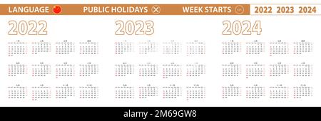 Calendrier vectoriel de 2022, 2023, 2024 ans en langue chinoise, la semaine commence le dimanche. Calendrier vectoriel. Illustration de Vecteur