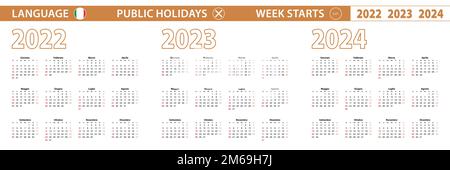 Calendrier vectoriel de 2022, 2023, 2024 ans en langue italienne, la semaine commence le dimanche. Calendrier vectoriel. Illustration de Vecteur