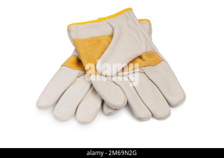 Photo de studio d'une paire de nouveaux gants de jardinage en cuir coupés sur fond blanc - John Gollop Banque D'Images