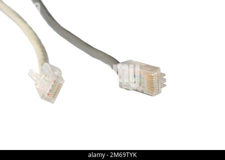 Deux câbles de réseau informatique. Connecteurs RJ45. Isolated on white Banque D'Images