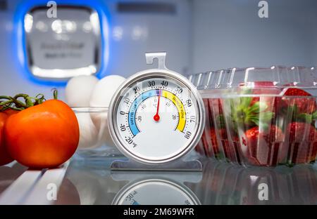 Thermomètre de réfrigérateur avec aliments colorés dans l'unité de stockage froide. Indicateur de sécurité de réfrigération indiquant la température des aliments. Banque D'Images