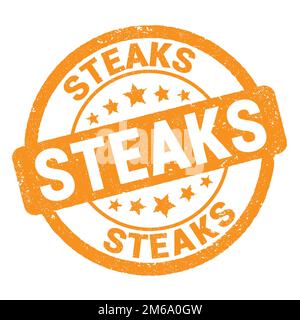 TEXTE SUR LES STEAKS inscrit sur l'étiquette orange en forme de timbre grungy. Banque D'Images