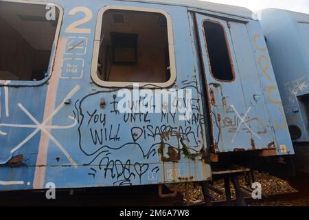 Des wagons de chemin de fer à redondance et désaffectés ont été vandalisés et couverts de graffitis, Bucarest, Roumanie Banque D'Images