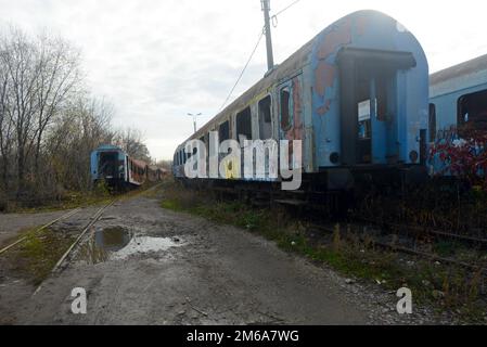 Des wagons de chemin de fer à redondance et désaffectés ont été vandalisés et couverts de graffitis, Bucarest, Roumanie Banque D'Images