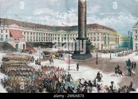 Les fêtes de Paris, l'armée d'Italie qui débarque devant l'empereur à la place Vendôme - Guerre d'Italie - Rentree des troupes, place Vendôme, a Paris, salués par Napoléon III, le 14 aout 1859 - gravure de 1860 Banque D'Images