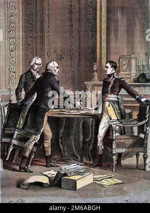 Première délibération des trois consuls au petit-Luxembourg - Napoléon Bonaparte, Emmanuel Joseph Sieyes et Pierre Roger-Ducos 1799 - Gravure de Barbant, d'apres Philippoteaux - Premier Consulat, 24 Frimaire VIII (15th décembre 1799), première réunion du Premier Consul Napoléon Bonaparte, Emmanuel Joseph Sieyes et Pierre Roger Ducos Banque D'Images