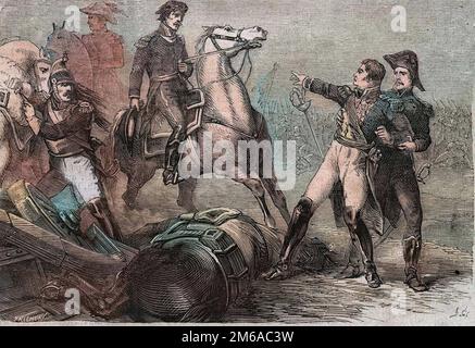 Guerres napoléoniennes 1813-15 - bataille de Ligny (Belgique), le 16 juin 1815 - mort de Jean-Baptiste Girard - la mort du général Girard . Bataille de Ligny (16 juin 1815) : blesse sur le champ de bataille, le général Girard (1775-1815), raparie a Paris, deuil le 27 juin. Gravure. Banque D'Images