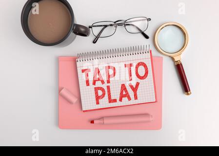 Texte montrant l'inspiration appuyez pour jouer. Mot pour touchez l'écran pour commencer à jouer à un jeu ou autre chose Banque D'Images