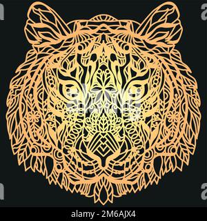 Tête de zentangle de tigre conçue pour le motif de t-shirt, pour tatouage et autres décorations. Lignes dorées sur fond noir Illustration de Vecteur