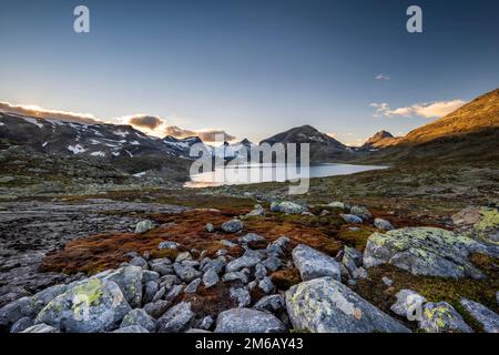 Paysage de montagne dans le parc national de Jotunheimen, lac Store Mjolkedalsvatnet avec glacier Mjolkedalsbreen, Norvège Banque D'Images