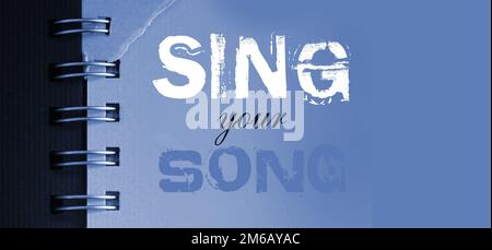 Chantez vos mots de chanson sur la page bleu ciel de coaaabok en blanc et en rose. Concept de musique. Banque D'Images