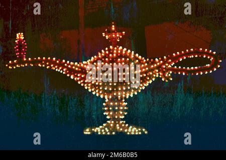 Les lumières forment une lampe à huile, la lampe magique d'Aladdin, le conte de fées oriental des Arabian Nights, bokeh, peinture à l'huile stylisée, illustration, Fremont Street Banque D'Images