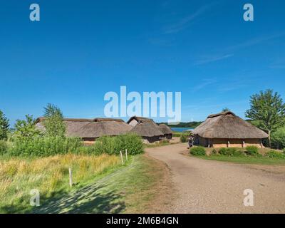 Reconstruction scientifique du village viking de Haithabu, site du patrimoine mondial de l'UNESCO, Haithabu, Busdorf près du Schleswig, Schleswig-Holstein, Allemagne Banque D'Images