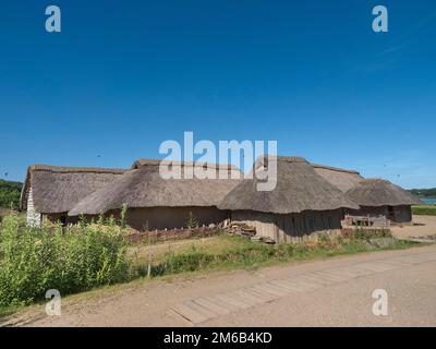 Reconstruction scientifique du village viking de Haithabu, site du patrimoine mondial de l'UNESCO, Haithabu, Busdorf près du Schleswig, Schleswig-Holstein, Allemagne Banque D'Images