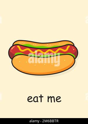 Hotdog de dessin animé. Carte postale mangez-moi. Illustration vectorielle Illustration de Vecteur