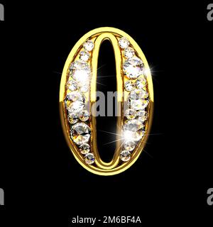 0 lettres dorées isolées avec des diamants en noir Banque D'Images