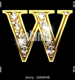 W lettres dorées isolées avec diamants sur noir Banque D'Images