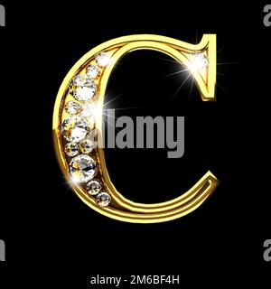 C lettres dorées isolées avec des diamants en noir Banque D'Images