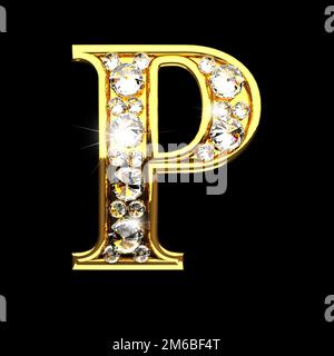 P a isolé des lettres d'or avec des diamants sur le noir Banque D'Images
