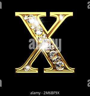 X lettres dorées isolées avec des diamants en noir Banque D'Images