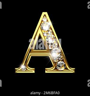 Lettres dorées isolées avec des diamants en noir Banque D'Images