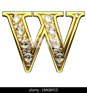 W lettres dorées isolées avec diamants sur blanc Banque D'Images